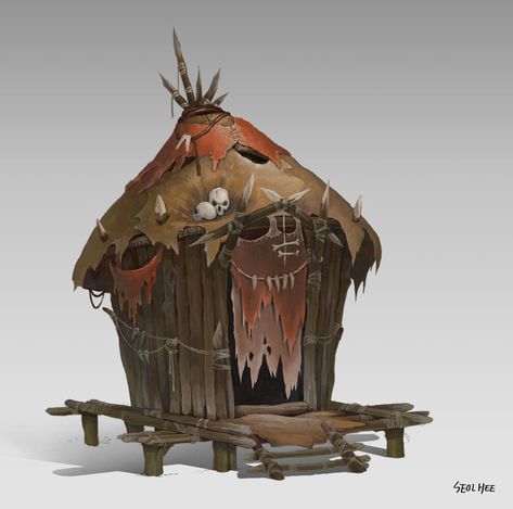 ArtStation - goblin house, SeolHee Park Goblin House, Goblin Village, Goblin Art, Fantasy Village, Dragon House, 2d Game Art, Digital Art Beginner, Isometric Illustration, African Mask