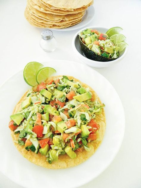 Crab Tostadas Recipe, Recipes With Tostada Shells, Crab Tostadas, Crab Avocado Toast, Mexican Tuna Tostadas, Making Tostada Shells In Oven, Ceviche Shrimp Tostadas, Crab Meat Salad, Shrimp Tostadas