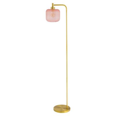 This 63" H shade floor lamp will make a standout addition to the lighting in any space in your home. Showcasing a gold-tone metal base, a long candlestick stem, and a ribbed glass shade, the lamp exudes retro style. It requires one 40 Watt E26 bulb not included and is also LED-compatible. Best of all, the 90-inch cord with a foot switch allows for fuss-free placement and easy operation anywhere you like. Shade Color: Pink | Joss & Main Gracieleigh 63" Arched Floor Lamp Metal in Pink | 62.75 H x Fun Floor Lamp, Eclectic Floor Lamp, Floor Lamp Aesthetic, Cute Floor Lamps For Teens, Floor Lamp Pink, Pink Floor Lamp, Gold Floor Lamp Kids, Pink Tall Lamp, Cord Hider