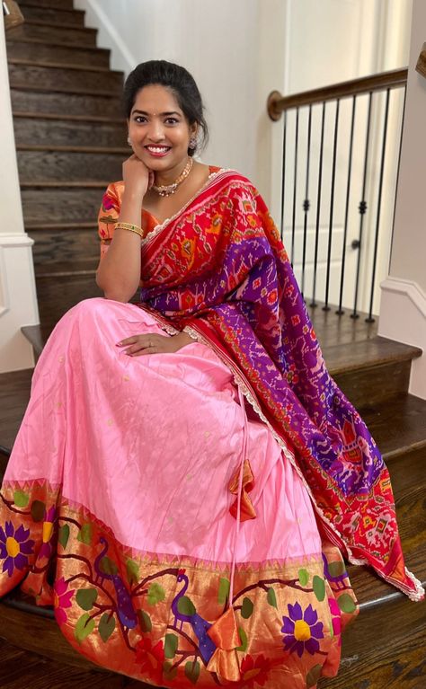 Paithani Lehangas, Paithani Lehenga, Pink Half Sarees, Saree Paithani, Bday Dress, Half Saree Function, Marriage Ideas, Half Saree Lehenga, Half Sarees