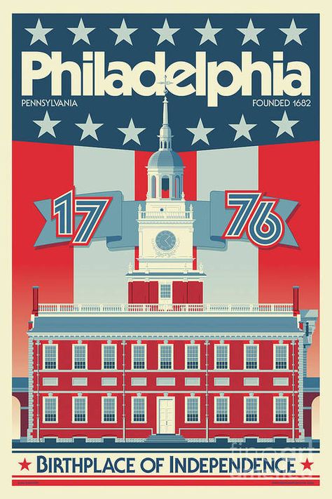 Philadelphia Poster - Independence Hall art print by Jim Zahniser. Our art prints are produced on acid-free papers using archival inks to guarantee that they last a lifetime without fading or loss of color. All art prints include a 1" white border around the image to allow for future framing and matting, if desired. Philadelphia Wall Art, Philadelphia Poster, Patriotic Wall Art, Philadelphia Art, Independence Hall, Travel Canvas, Retro Travel Poster, American Travel, Brotherly Love