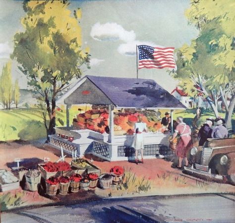 Hardie Gramatky  40 s Color Painting  print art  vegetable stand beside road  Magazine Art Roadside Stand, Marmont Hill, July 1, Fresh Produce, Farm Fresh, Giclee Art, Giclee Art Print, Online Art Gallery, Wrapped Canvas Art