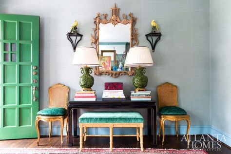 Color Crusade | AH&L Atlanta Homes And Lifestyles, Eclectic Chairs, Cane Back Chairs, Blue Paint Colors, Window Covering, Neutral Background, Atlanta Homes, English Country House, White Rooms