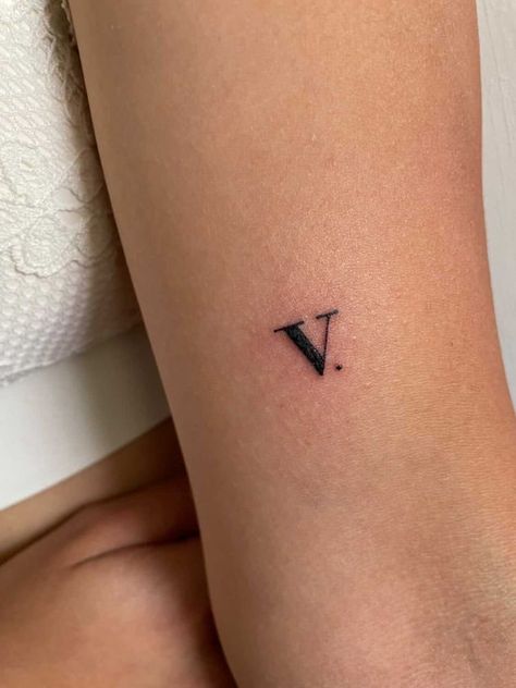 Small V Line Tattoos Women, Fine Line Stipple Tattoo, 5 Roman Numeral Tattoo, Fine Line Tattoo Ideas Arm, Roman Numeral 5 Tattoo, Letter V Tattoo Ideas, V Tattoo Letter Design, Fine Line Tattoo Hand, Small Crown Tattoos