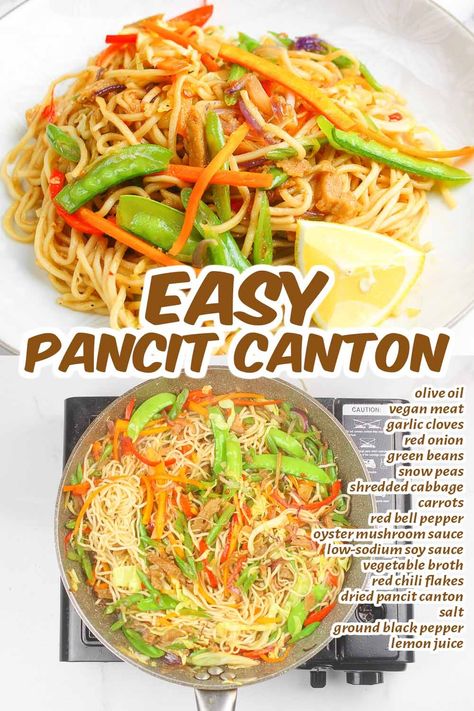 This Pancit Canton is an easy, healthy, and savory Filipino stir-fried noodle recipe that is made with dried pancit canton, vegan meat, oyster mushroom sauce, and fresh vegetable slices. It's delicious, vegan-friendly, and a perfect dish for any occasion. Give this a try! Vegan Pancit Recipe Filipino, Vegan Pancit, Pancit Canton Recipe, Pancit Recipe, Pancit Canton, Fried Noodle, Filipino Food Dessert, Great Vegan Recipes, Vegetable Slice