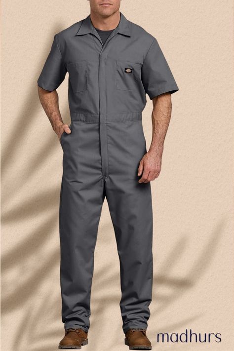 Men's Short-Sleeve Coverall, Gray Dickies Jumpsuit, Mechanic Jumpsuit Mens, Dickies Coveralls, Men’s Coveralls, Work Coveralls, Men Jumpsuit, Utility Jumpsuits/rompers With Side Pockets, Fitted Button-up Utility Jumpsuit/romper, Practical Fashion