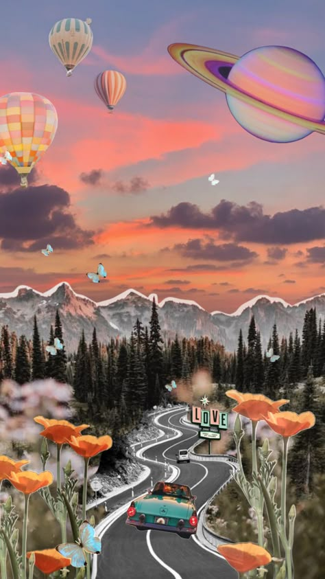 #hotairballoon #saturn #poppies #collage #surrealistcollage #retro Environment Collage, Jenn Core, Surrealistic Collage, Vintage Space Art, Surrealism Collage, Sticker Collage, Surrealist Collage, College Photography, Collage Landscape