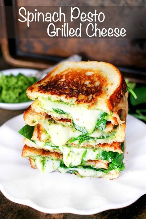 Spinach Pesto Grilled Cheese is stuffed with delicious smoked gouda cheese, spinach, and a homemade spinach pesto - it's to die for! Pesto Grilled Cheese, Spinach Pesto, Smoked Gouda Cheese, Cheese Spinach, Avocado Pesto, Grilled Cheese Recipes, Gouda Cheese, Smoked Gouda, Stuffed Avocado Healthy