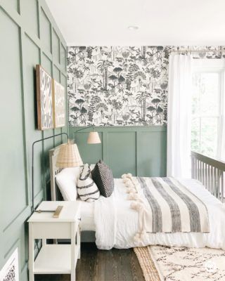 Forest Green Bedrooms, Wallpaper Design For Bedroom, Grey Bed Frame, Beige Bed, Gorgeous Bedrooms, Bedroom Photos, Board And Batten, Green Rooms, Bedroom Green