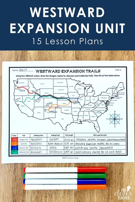 Westward Expansion Unit for 5th Grade and Middle School - The Clever Teacher Westward Expansion Activities, Missouri Compromise, Western Expansion, Transcontinental Railroad, Student Reflection, Westward Expansion, 5th Grade Social Studies, Map Activities, Social Studies Classroom