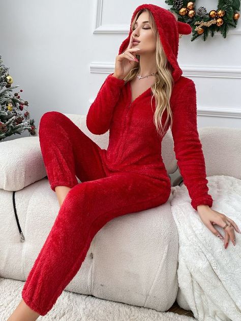 Red Casual Collar Long Sleeve Flannelette Plain Embellished Slight Stretch Women Sleep & Lounge Pajama Jumpsuit, Sleep Romper, Lounge Jumpsuit, Womens Onesie, Flannel Hoodie, Hooded Flannel, Jumpsuit Outfit, Brown Fashion, Sleepwear Women