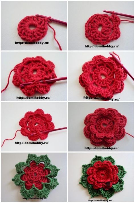 Crochet Colorful, Crochet Rose Pattern, Flowers With Leaves, Crochet Leaf Patterns, Crochet Flowers Free Pattern, Crocheted Flowers, Crochet Leaves, Crochet Flower Tutorial, Crochet Square Patterns