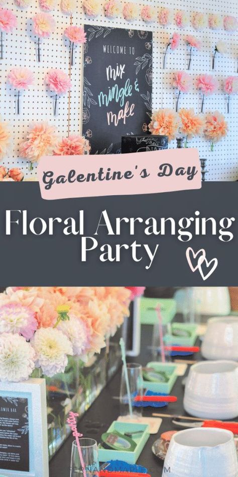 Mix, Mingle, & Make Flower Arrangements with Friends with this fun Galentine's/Valentine's Day party idea! Get all of the decor, dessert table, champagne bar, and floral arranging table ideas now at fernandmaple.com! Mix And Mingle Party Ideas, Galentines Party Flower Bar, Valentine Party Ideas For Adults Friends, Flower Arranging Party, Lollipop Favors, Party With Friends, Floral Arranging, Galentines Party, Valentine Party