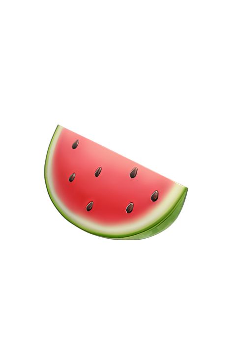 The emoji 🍉 depicts a slice of watermelon with a bright pink flesh and black seeds scattered throughout. The outer rind is a dark green color with lighter green stripes. The slice is shown at an angle, with the flesh and seeds visible. The overall appearance is juicy and refreshing, just like a real watermelon. Pink Food Emoji, Cute Ios Emoji Stickers, Ios Emoji Png Transparent, Watermelon Icon, Watermelon Emoji, Kawaii Watermelon Wallpaper, Watermelon Meme, Sliced Watermelon, Emojis Iphone