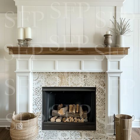 Fireplace Makeover Mobile Home, White Tile For Fireplace Surround, Fireplace Surrounds And Mantels Brick, Deep Mantel Fireplace, Update Fireplace Hearth, Tile Above Fireplace Mantle, Colonial Brick Fireplace, Panel Wall Fireplace, Craftsman Style Fireplace Surround