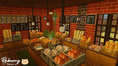 Minecraft build Minecraft Seafood Restaurant, Bakery Shop Minecraft, Minecraft Bakery Aesthetic, Minecraft Bakery Ideas Aesthetic, Bakery Interior Minecraft, Minecraft Pet Shop Interior, Minecraft Food Mod, Minecraft Food Shop, Minecraft Shopping Center