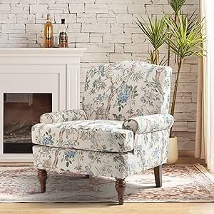 HULALA HOME Accent Chair with Solid Legs & Removable Cushion, Blue Floral Comfy Upholstered Armchair, Leisure Single Sofa Chair for Living Room Bedroom Floral Accent Chairs, Shabby Chic Living Room Furniture, Chic Living Room Furniture, Floral Armchair, Chairs For Living Room, Patterned Armchair, Velvet Living Room, Single Sofa Chair, Upholstered Armchair