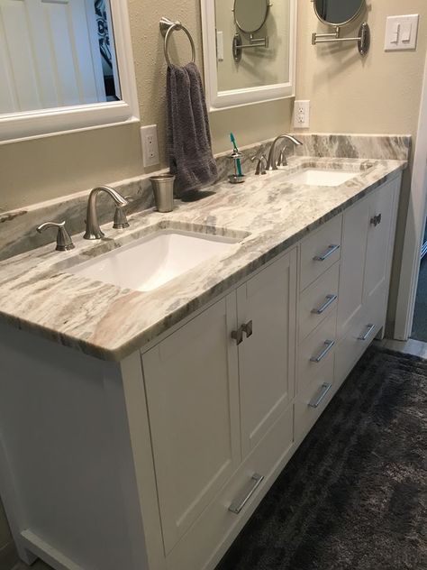 Gallery: Our Work - Bath — Blue Label Granite Countertops Austin Bathroom Granite, Granite Bathroom, Engineered Quartz, Quartz Slab, Blue Label, House Materials, Granite Countertops, Bathroom Remodel, Bathrooms Remodel