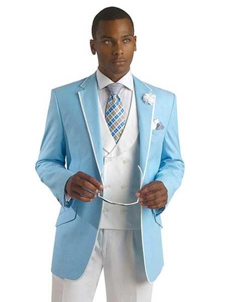 SKU#SM704 Mens Light Sky Blue Ocean Powder With White Trim Tuxedo White Vest Jacket, Blue Sport Coat, Royal Blue Suit, Blue Suits, Modern Mens Fashion, Light Sky Blue, Wedding Suits Groom, Mens Fashion Urban, Jackets Men Fashion