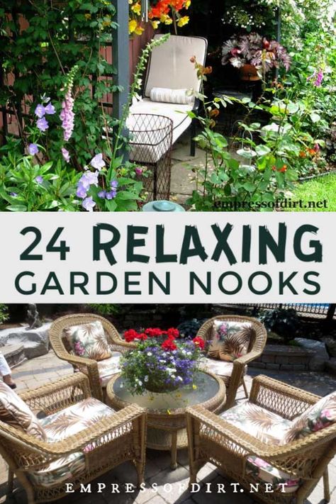 24 Relaxing Garden Nooks (Seating Ideas) | Empress of Dirt Garden Nooks, Relaxing Garden, Garden Sitting Areas, Garden Escape, Garden Seating Area, Backyard Gardens, Tattoo Plant, Garden Nook, Outdoor Sitting Area