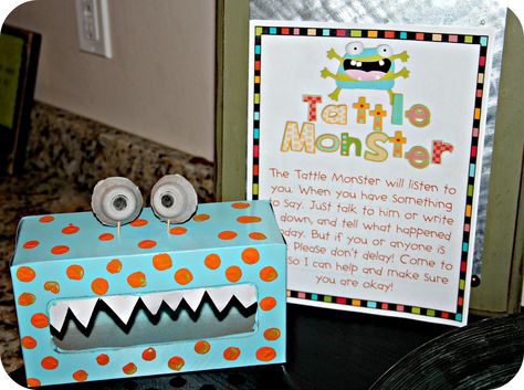 Tattle Monsters! Teaching the difference between tattling and reporting. Tattle Monster, Monster Classroom, Daycare Business, Family Home Evening Lessons, Behavior Plan, Classroom Helpers, Fhe Lessons, Behaviour Management, Kindergarten Fun