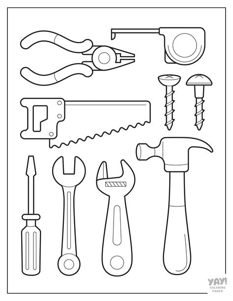 Construction tools coloring page with hammer, saw, measuring tape, nails, and more. Tools Coloring Pages Free Printable, Construction Tools Printable, Construction Cones Printable, Tool Crafts For Kids, Tools Coloring Page, Construction Colouring Pages, Construction Worksheets For Preschoolers, Construction Coloring Pages Free, Construction Toddler Activities