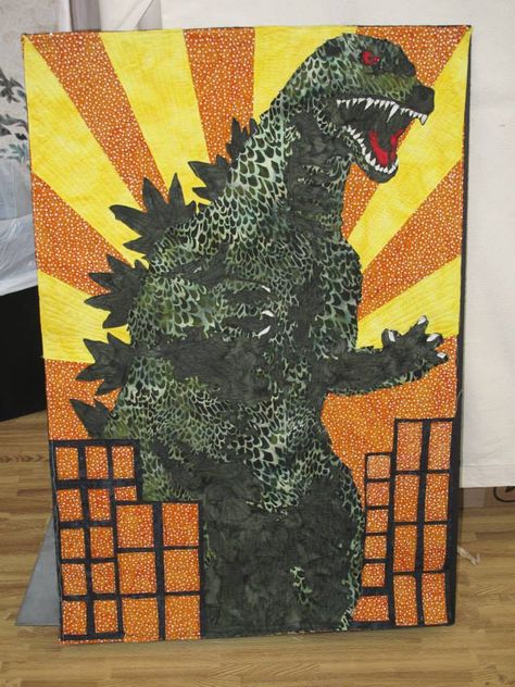 Rawr! Godzilla wall hanging featuring NEW Hoffman Bali Batiks from Spring Quilt Market 2014. Godzilla Quilt Pattern, Unique Quilt Patterns, Diy Gift For Kids, Tshirt Quilt Diy, Adventure Crafts, Camping Quilt, Unique Quilt Pattern, Space Quilt, Diy Fabric Crafts