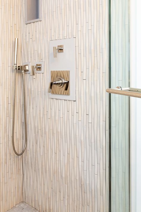 walk-in shower ideas bamboo tile Bamboo Tile, Walk In Shower Ideas, Ceiling Shower Head, Shower Tiles, Geometric Floor, Striped Walls, Limestone Tile, White Shower, Blue Curtains