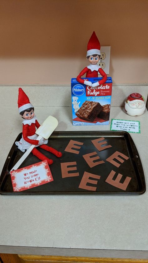 Elf on the shelf make brown E's Elf On The Shelf Positive Behavior, Elf’s Are Back Ideas, Elf On The Shelf Brownie Ideas, Elf On The Shelf Pun Ideas, Elf On The Shelf Giving Back Ideas, Elf Brown E, Elf On The Shelf Arrival Ideas With 2 Elfs, 2023 Elf On The Shelf, Places To Put The Elf On The Shelf