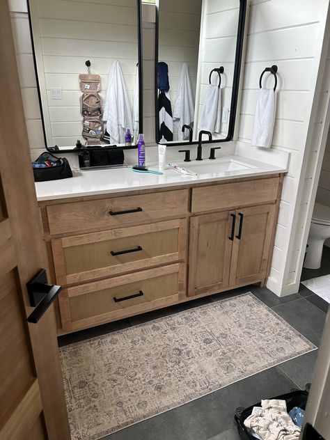 Bathroom Dark Gray Floor, Gray And Wood Bathroom Ideas, Bathroom Gray And Wood, Grey Brown Cabinets Bathroom, Gray Stained Bathroom Vanity, Grey Tile Bathroom Floor Wood Vanity, Black Bathroom Vanity With Brown Granite, Cheap Renovations, Farmhouse Bathroom Vanity Bfown