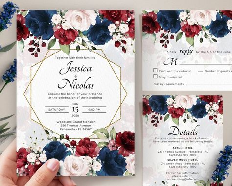 Burgundy and Navy Blue Wedding Invitation Template Suite | Etsy Navy And Burgundy Wedding, Navy Invitation, Navy Blue Wedding Invitations, Maroon Wedding, Burgundy Wedding Invitations, Navy Wedding Invitations, Future Wedding Plans, Navy Blue Wedding, Blue Wedding Invitations