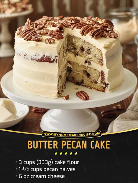 Easy and tasty recipes | Butter Pecan Cake | Facebook Butter Pecan Cake, Pecan Cake, Delicious Cake Recipes, Delicious Cake, Butter Pecan, Cake Flour, Cake Ingredients, Tasty Recipes, Granulated Sugar