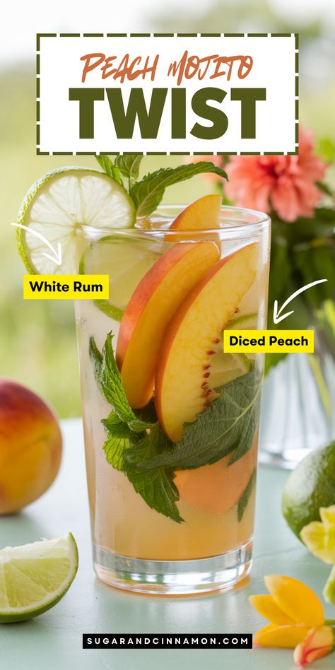 🥂 Enjoy a refreshing twist on the classic mojito with this Peach Mojito recipe! Fresh peach puree, mint leaves, and white rum make for a perfect summer cocktail. 🍑 Ready for some peachy goodness? Discover the step-by-step recipe and don’t forget to save this pin for your next happy hour! Peach Signature Wedding Drinks, Peach Mojito Recipe, Fall Cocktails Easy, Peach Mojito, Peach Rum, Citrus Sangria, Banana Chocolate Chip Cookies, Peach Cocktail, Pineapple Cocktail