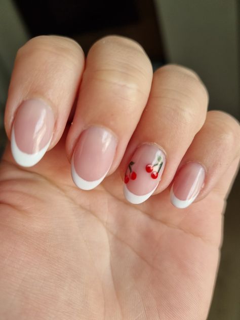 French Manicure With Cherry, Cherry Accent Nail, French Tip Nails With Cherries, French Tip Nails Cherry, French Nails With Cherry, Cherry French Tips, Short Cherry Nails, French Tip Cherry Nails, Cherry French Nails