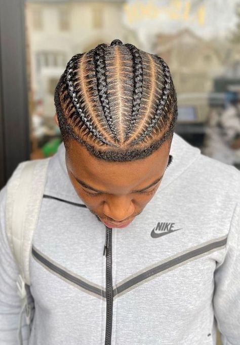 4 Braids For Black Hair Men, Men Braided Hairstyles Short Hair, Men’s 4 Braids Hairstyles, Simple Mens Cornrows, Short Mens Braids Hairstyles, Male Scalp Braids, Mens 6 Cornrows, 4 Mens Braids, Black Male Cornrow Styles