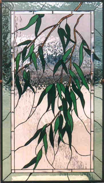 Weeping Eucalyptus by Nancy Braecini Lead Light Designs, Stained Glass Leaves, Stained Glass Willow Tree, Leaf Stained Glass Window, Stained Glass Fern Leaves, Organic Stained Glass Windows, Stained Glass Vines Leaves, Forest Stained Glass Window, Stained Glass Studio