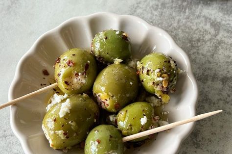 Spicy Feta Stuffed Olives Olive Recipe, Spicy Feta, Kathleen Ashmore, Olive Snack, Snack To Make, Stuffed Olives, Small Bites Appetizers, Aphrodisiac Foods, Olive Recipes