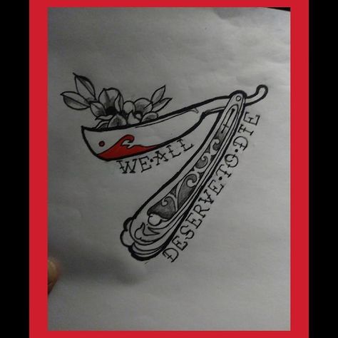 Sweeney Todd Tattoo Straight Razor, Tim Burton Patchwork Tattoo, Metal Music Tattoo Ideas, Sweeney Todd Tattoo Ideas, Goth Filler Tattoo, Charlie And The Chocolate Factory Tattoo, Sweeny Todd Tattoos, Headstone Tattoo, Sweeney Todd Tattoo