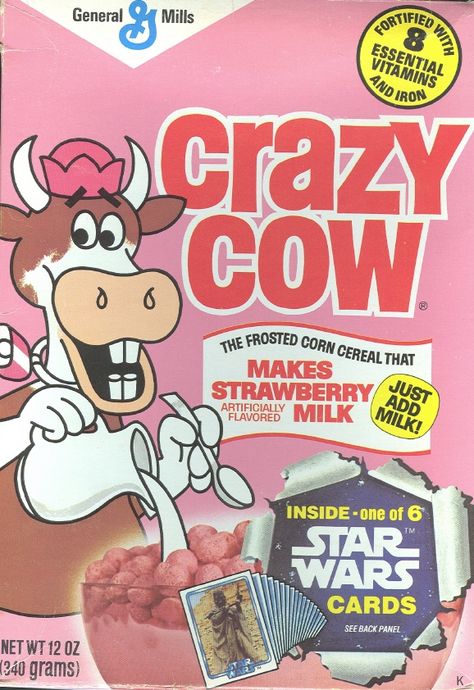 Crazy Cow strawberry cereal that turns your milk into strawberry milk! Melanie Martinez Cereal, Childhood Breakfast, Cereal Box Design, Retro Breakfast, Corn Cereal, Brand Mascot, Vintage Breakfast, Vintage Cereal, Cereal Packaging