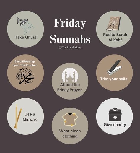 Friday Sunnahs to Embrace🤍 The Prophet ﷺ said, ‘The best day on which the sun has risen is Friday.’ — [Sahih Muslim 854] Let’s make every Jumu’ah special by following these beautiful Sunnahs: 1. Take Ghusl 2. Recite Surah Al-Kahf 3. Send Blessings upon the Prophet ﷺ 4. Attend the Friday Prayer 5. Trim your nails 6. Use a Miswak 7. Wear clean clothing 8. Give charity Follow us for more @t.ahir.ahdesigns ✨🌻 Which sunnah is your fav!! Tell us in comments below ⬇️✨🌻 #FridaySunnahs... Surah Kahf On Friday, Friday Prayer, Surah Kahf, Morning Dua, Surah Al Kahf, Al Kahf, The Friday, The Prophet, The Best Day