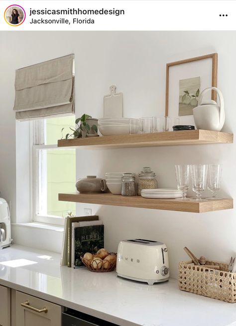 Ideas For Floating Shelves, Kitchen Floating Shelves Decor, Floating Shelves For Kitchen, Wood Shelves Kitchen, Kitchen Shelf Styling, Floating Kitchen Shelves, Kitchen Open Shelves, Shelves For Kitchen, Kitchen Floating Shelves