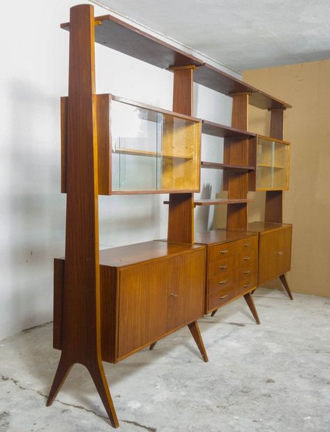 Mcm Diy Furniture, Mcm Wall Unit, Divider Bookshelf, Mid Century Room Divider, Mid Century Wall Unit, Harris House, Modern Bookcases, Modern Wall Units, Nice Garden