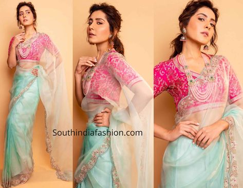 Raashi Khanna attended the audio launch event of Sanga Thamizhan movie wearing a pastel blue organza saree that featured scalloped embroidered borders paired with contrast pink embroidered blouse by Label Nimbus. Sky Blue Saree With Pink Blouse, Pastel Blue Saree Contrast Blouse, Pastel Blue Organza Saree, Sky Blue And Pink Outfit, Sky Blue Saree Contrast Blouse Colour, Light Blue Saree Contrast Blouse, Blue Saree With Pink Blouse, Contrast Saree Blouse Ideas, Sky Blue Saree Contrast Blouse