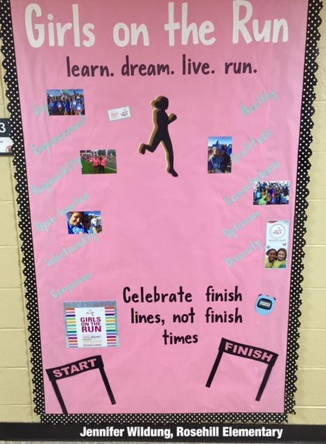 Girls on the Run Bulletin Board - GOTR Running For School Board, Fun Run Bulletin Board, School Fun Run Decorations, Running For School Office Posters, Girls On The Run Ideas, Catherine Core, Running Posters For Races, Teacher Necessities, Girls On The Run Posters