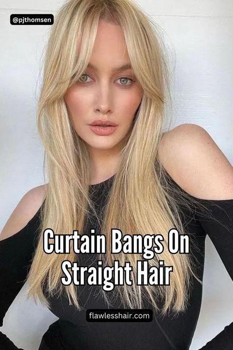 Curtain Bangs On Straight Hair Long Curtain Bangs Long Hair Straight, Bangs On Straight Hair, Curtain Bangs On Straight Hair, Trendy Curtain Bangs, Hairstyles With Curtain Bangs, Straight Hair With Bangs, Bangs Cut, Growing Out Bangs, Improve Your Style