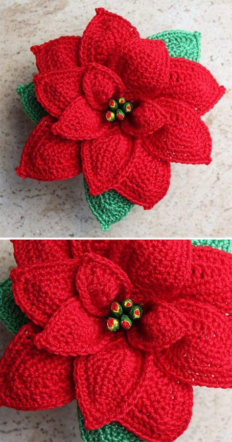 Beautiful Crochet Poinsettia - Free Pattern Crochet Poinsettia, Poinsettia Pattern, Holiday Crochet Patterns, Crochet Rose Pattern, Crochet Christmas Ornaments Free, Beau Crochet, Christmas Crochet Patterns Free, Crochet Wreath, Crochet Flowers Free Pattern