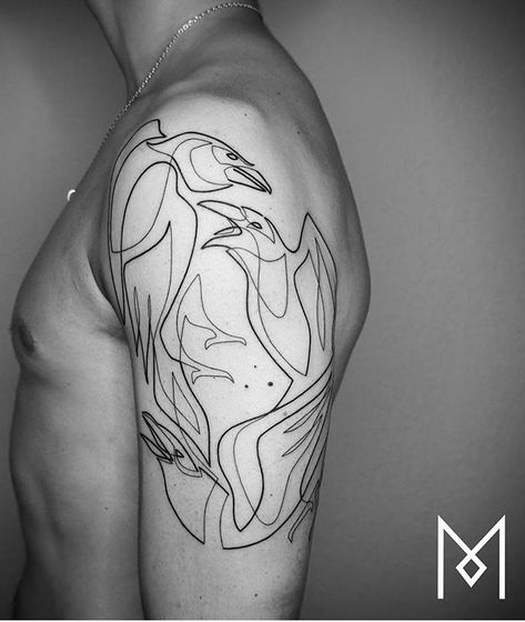 Raven Line Art, Mo Ganji Tattoo, Lp Tattoo, Mo Ganji, Raven Tattoo, Line Tattoos, Shoulder Tattoo, Tattoo Design, Geometric Tattoo