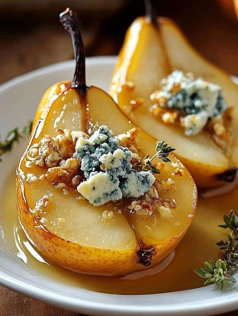 Easy Air Fryer Recipes | Baked Pears with Blue Cheese and Honey  | Facebook Pears With Blue Cheese, Poached Pears Recipe, Cheese And Honey, Ny Food, Baked Pears, Baked Fruit, Pear Recipes, Winter Desserts, Savory Appetizer