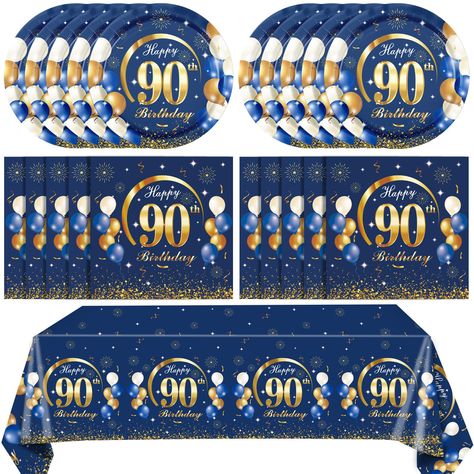 PRICES MAY VARY. What Will You Get: You'll receive 90th birthday decorations, including 20pcs 90th birthday plates and 20pcs 90th birthday napkins,1pcs 90th birthday tablecloth. With the right quantity and value for money, 90 year old birthday decorations will be your special perfect 90th birthday gift. Exquisite Design:90th birthday decorations blue and gold has a novel design with a blue background and an eye-catching "Happy 90th Birthday" in the center. Unique blue and gold design with delica 90 Birthday Party Ideas Decoration For Men, Birthday Decorations Blue And Gold, 90th Birthday Party Theme, 90th Birthday Banner, 90th Birthday Decorations, Birthday Plates, Birthday Decorations For Men, 90th Birthday Parties, Blue Birthday Parties