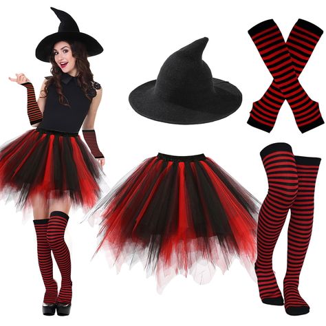 PRICES MAY VARY. Witch Costumes Set: Including 1 witch hat, 1 witch tutu skirt, 1 pair of striped over knee socks and 1 pair of striped fingerless arm warmers, 4 classic colors like black, red, purple and orange for you to choose, complete witch costume set lets you dress up at Halloween Irregular Tutu Skirt: Witch tutu skirt is featured with 2 layers of spliced tulle and 2 layers of polyester lining, multi-piece of tulle make it more flared, plump and puffy, 17.7 inches long, 26-43.3 inches in